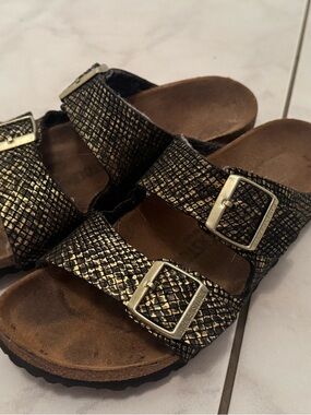 Birkenstock Metallic Black Snake-Print Double Buckle Sandals